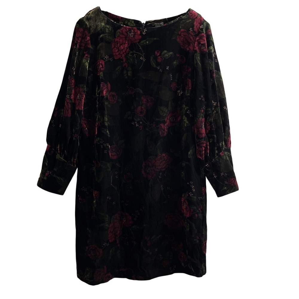 Ann Taylor Dress‎ Black Velvet Dark Floral Roses Shift Size 12 Cocktail Party